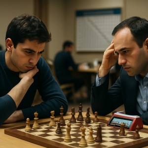 Two chess players face off over a tournament board, with a chess clock beside