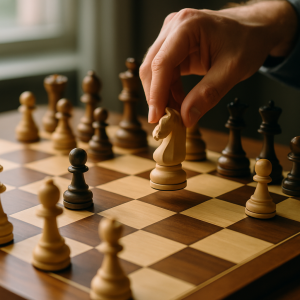 A player considers a coordinated knight move in a tense middlegame chess position.