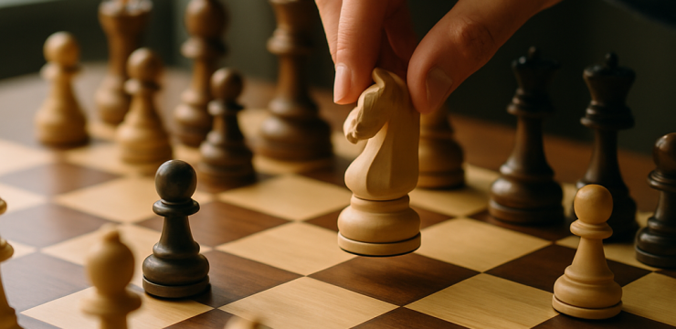 A player considers a coordinated knight move in a tense middlegame chess position.