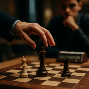 A tense tournament chess endgame with only a few pieces left, as a player