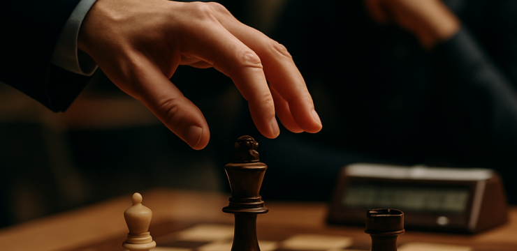A tense tournament chess endgame with only a few pieces left, as a player