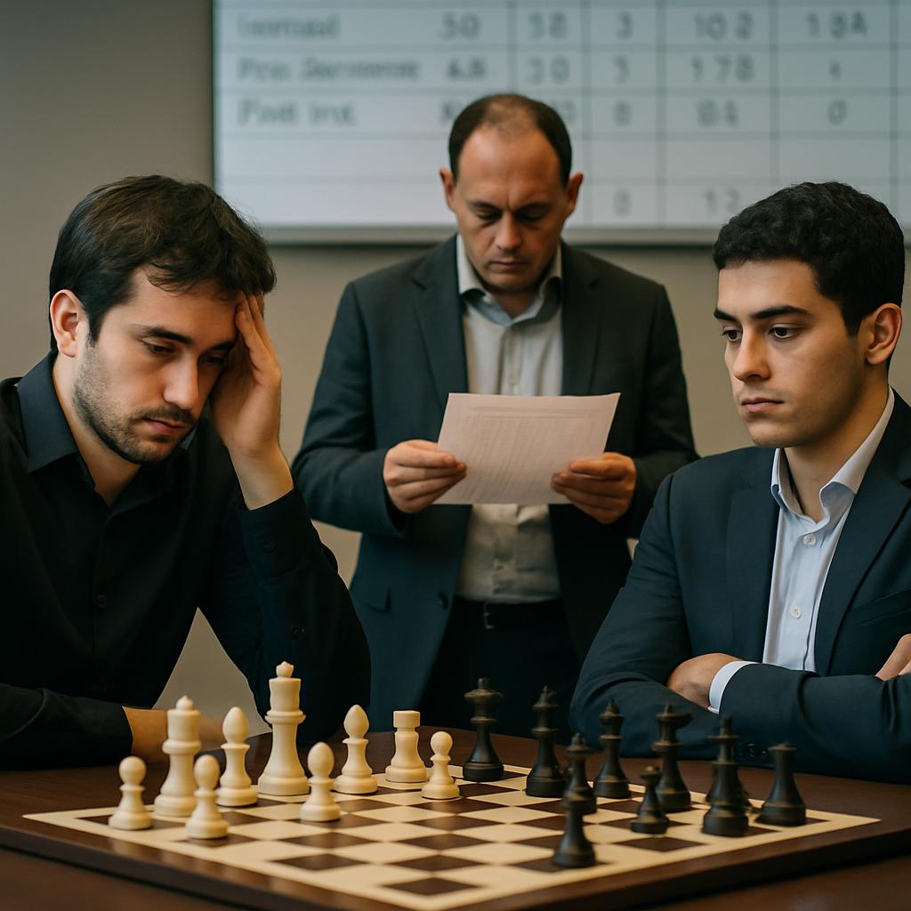 An official checks tournament standings beside two players and a chessboard, representing tie-breaks and