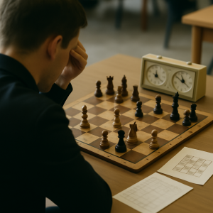 A chess player reviews opponent notes and a midgame position beside a chess clock