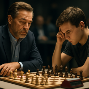 A higher-rated favorite and an underdog study a tense chess position beside a tournament