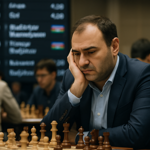 An Azerbaijani grandmaster studies a chess position beside a tournament ranking board, representing the
