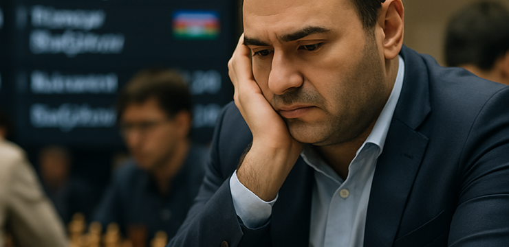 An Azerbaijani grandmaster studies a chess position beside a tournament ranking board, representing the