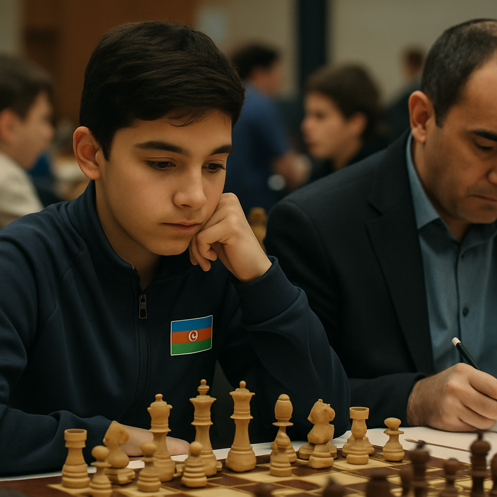 A young Azerbaijani chess player studies a position at an international tournament while a