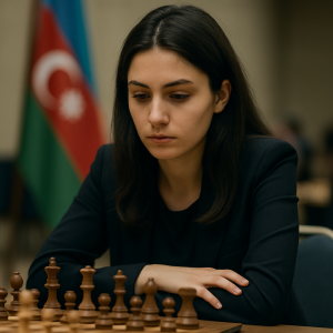 An Azerbaijani woman chess player studies a tournament position, with the Azerbaijan flag softly