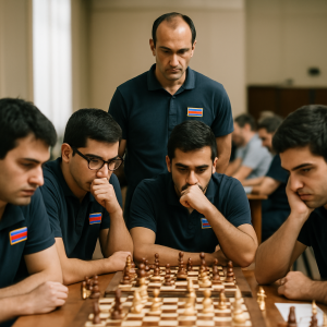 An Azerbaijani chess club team studies several boards during a competitive match, with their