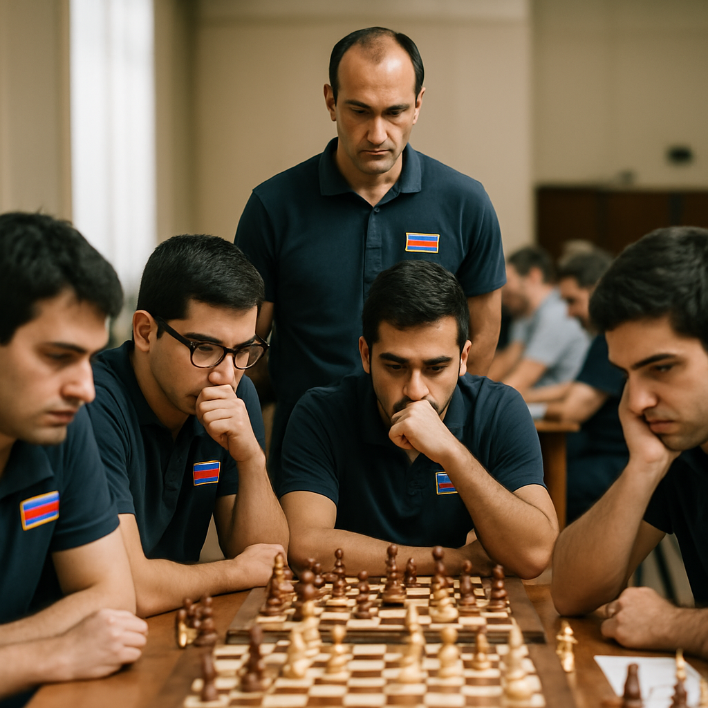 An Azerbaijani chess club team studies several boards during a competitive match, with their