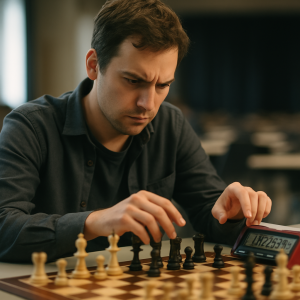 A focused rapid chess player weighs a move as the digital clock counts down.