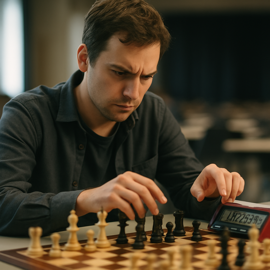 A focused rapid chess player weighs a move as the digital clock counts down.