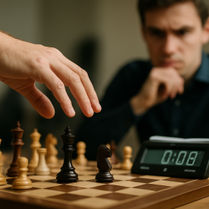 A blitz chess player hesitates over a vulnerable position as the digital clock counts