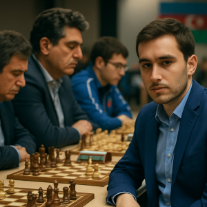 Azerbaijani chess players compete in a row at tournament boards, suggesting the team’s strength