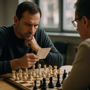 Two chess players study an opening position, with one reviewing a repertoire card tailored