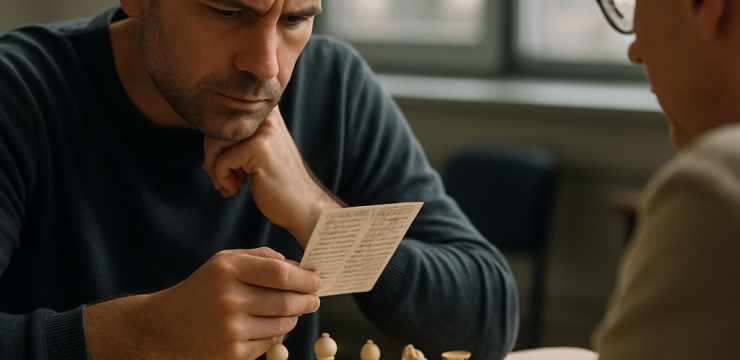 Two chess players study an opening position, with one reviewing a repertoire card tailored